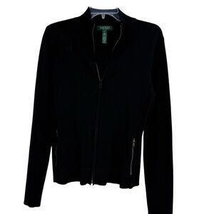 Lauren Ralph Lauren Cardigan Women Size L Petite Full Zip Cotton Shoulder Patch